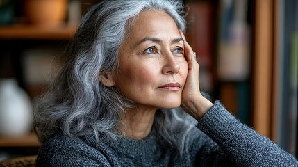 Poster - Asian elderly woman in her living room, applying eye cream while seated on a comfortable chair Stock Photo with side copy space