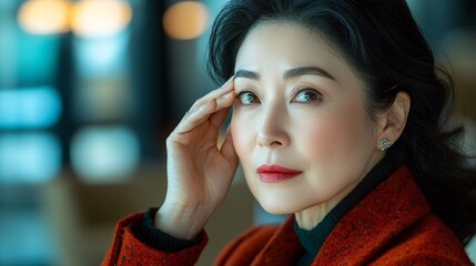 Poster - Asian elderly woman in her living room, applying eye cream while seated on a comfortable chair Stock Photo with side copy space