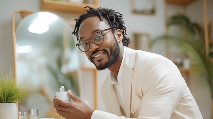 Poster - Elderly BIPOC man using eye cream while sitting in front of his vanity mirror in the bedroom Stock Photo with side copy space