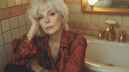 Poster - Western elderly woman in her bathroom, gently patting eye cream on her skin with a relaxed expression Stock Photo with side copy space
