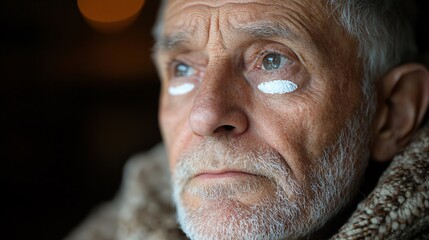 Poster - Elderly man in his bedroom, sitting on the edge of his bed and massaging eye cream under his eyes Stock Photo with side copy space