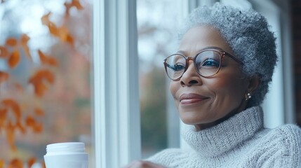 Poster - Elderly BIPOC woman sitting by her bedroom window with a gentle smile as she applies eye cream Stock Photo with side copy space