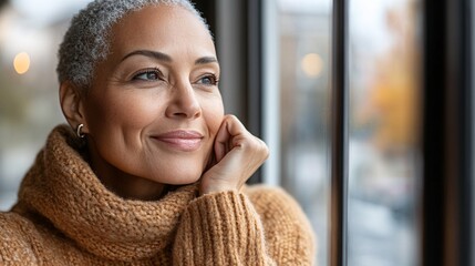 Poster - Elderly BIPOC woman sitting by her bedroom window with a gentle smile as she applies eye cream Stock Photo with side copy space