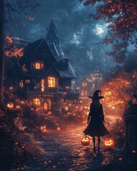 Wall Mural - A woman in a witch's hat walks down a cobblestone path toward a haunted house on a Halloween night.