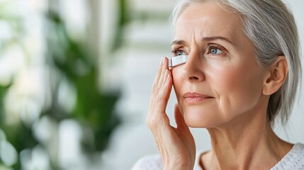 Poster - Western elderly woman standing in her bedroom near a vanity table while applying eye cream Stock Photo with side copy space