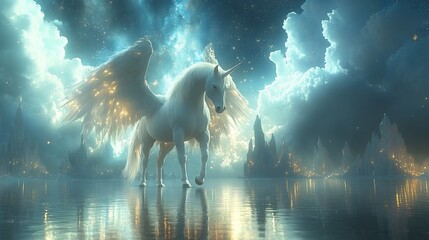Poster - Ultrarealistic and ethereal image of Pegasus illuminated by celestial light standing on a reflective surface with the night sky full of stars creating a seamless blend of earthly and celestial