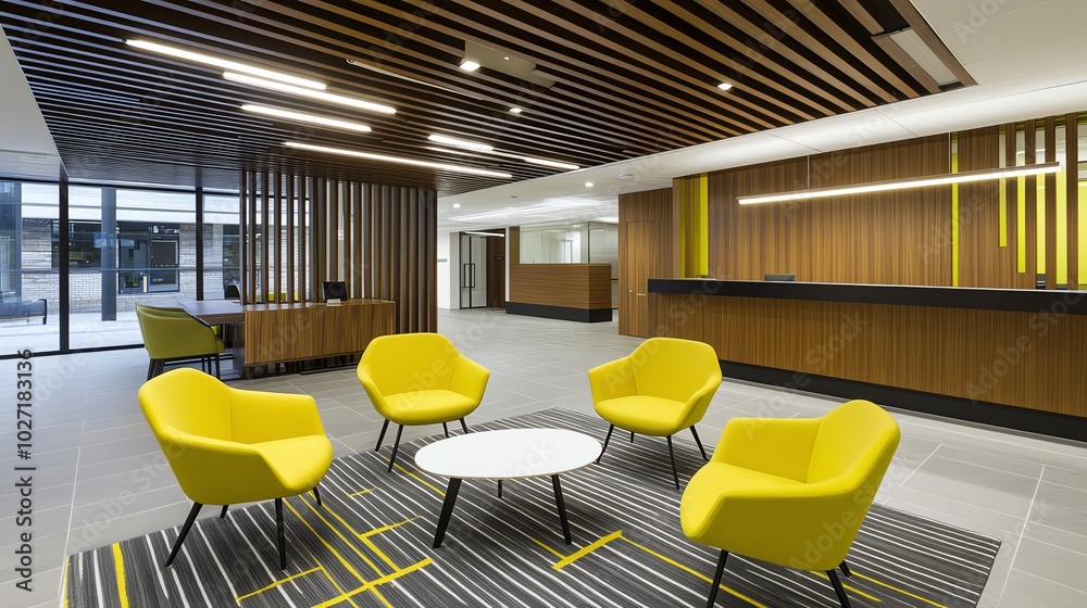 Modern office lobby with yellow chairs, striped rug, and wooden accents ...