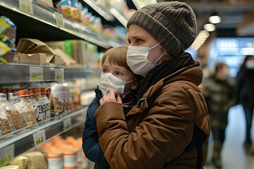 A Mother and her son wearing protective face mask shop