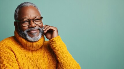 Aufkleber - Elderly BIPOC man smiling warmly at the camera while applying eye cream, isolated on a pale green background Stock Photo with side copy space