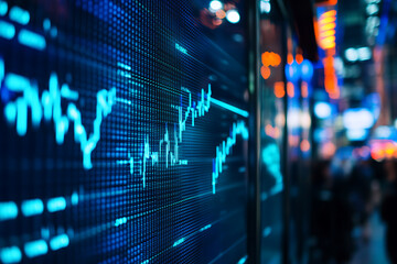 Poster - A digital display showing fluctuating stock market data in an urban setting.