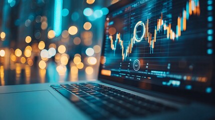 Poster - Close-up of financial graphs on a laptop screen alongside printed reports, displaying performance analysis and growth trends Stock Photo with side copy space
