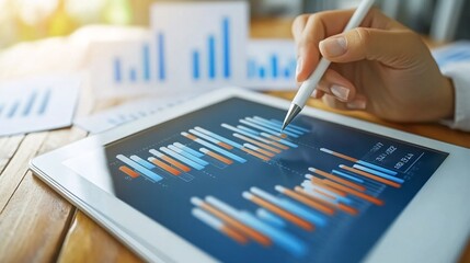 Poster - Professional using a stylus to highlight data points on a tablet graph, with printed charts scattered on the desk Stock Photo with side copy space