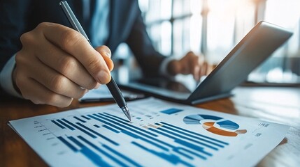 Poster - Professional using a stylus to highlight data points on a tablet graph, with printed charts scattered on the desk Stock Photo with side copy space