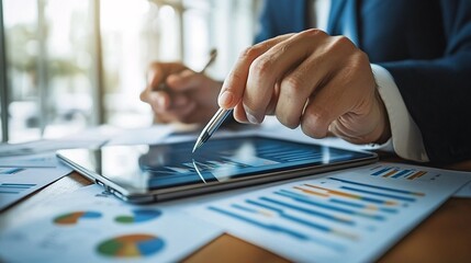 Poster - Professional using a stylus to highlight data points on a tablet graph, with printed charts scattered on the desk Stock Photo with side copy space