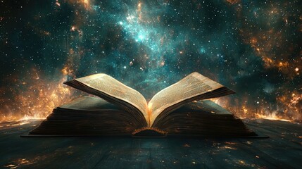 Wall Mural - Book of Job, The great book of Job, giant book, open book, mythological scene, expansive cosmic backdrop, ethereal and grand, hyper-realistic, photo realism, cinematography