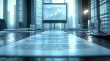 Poster - Financial presentation with graphs displayed on a large digital monitor and supporting documents on the table, highlighting market trends Stock Photo with side copy space