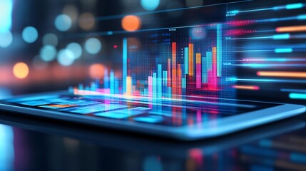 Wall Mural - Digital financial graph displayed on a tablet alongside printed quarterly reports, showing a comparative analysis of business growth Stock Photo with side copy space