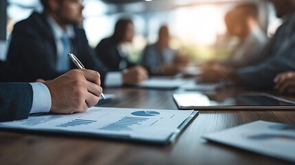 Poster - Financial analysis meeting with graphs on paper and digital screens being discussed by professionals around a conference table Stock Photo with side copy space