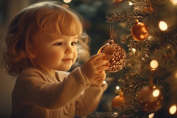 Poster - A young child looks up in awe at a Christmas tree ornament.