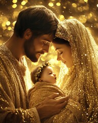 Poster - A young family, a man and a woman, are holding their newborn baby. The baby is wearing a flower crown. The family is surrounded by a golden glow.