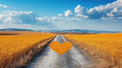 Heart-shaped wheat field on rural path under blue sky, summer harvest scene, golden fields, symbol of love, peaceful landscape, agricultural heartland, countryside