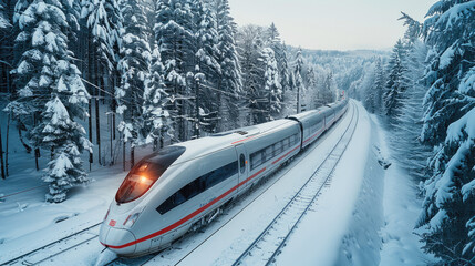 Aufkleber - A high-speed train driving on a snowy forest in winter.