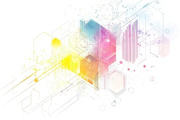 Wall Mural - Abstract technology background with hexagons and lines, in a white color vector illustration with a flat design and colorful icons for tech innovation and digital marketing