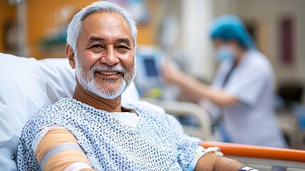Aufkleber - Man with a cast on his arm sitting on a hospital bed with a nurse adjusting the cast Stock Photo with side copy space