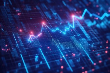 Wall Mural - Blue grid background with glowing dots and lines in the shape of an upward-trending graph, representing growth or positive data on a digital platform interface. High quality