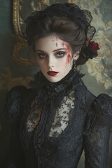 Canvas Print - A young woman in a black lace dress with bloodstains on her face, looking directly at the camera.