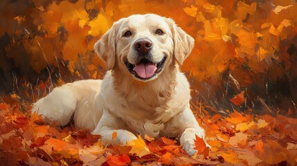 Golden retriever lying happily on autumn leaves, cheerful dog in vibrant orange fall landscape, outdoor pet portrait, playful and relaxed nature scene, seasonal warmth and joy