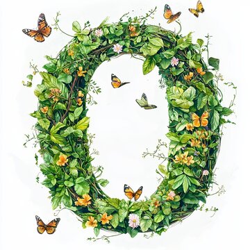 Isolated on white background, letter O covered in fresh spring leaves and small flowers, with butterflies resting on the lette