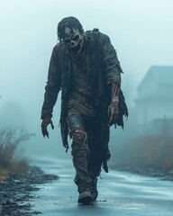 Canvas Print - A zombie walks down a foggy road, wearing a skull mask and torn clothing, with a decaying face.