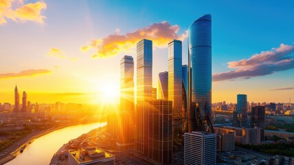 Wall Mural - Dynamic Urban Landscape: Modern Business District with Glass Skyscrapers at Sunset