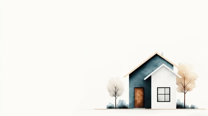 Minimalistic illustration of a house with a dark blue roof, white walls, wooden door, and two stylized trees on either side against a light background.