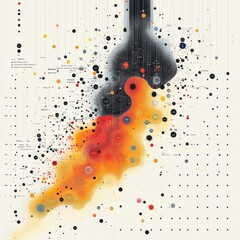 Poster - Abstract digital art with black and orange dots and shapes on a white background.