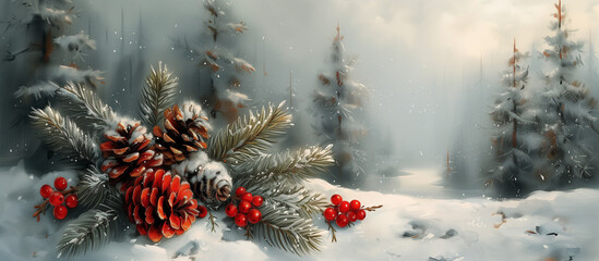 Wall Mural - Painted Merry Christmas card. Winter holiday theme. Happy New Year. Noel. Xmas decorations, snow forest background. 