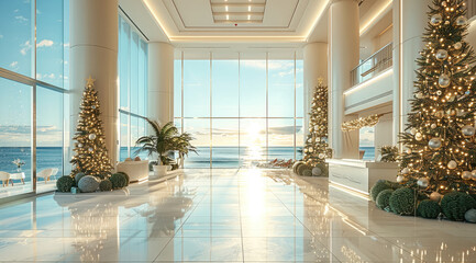 Poster - A clean hotel lobby with the ocean in the background is decorated for Christmas.