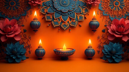 Poster - Bright cheerful Diwali patterned vector with vivid rangoli designs and stylized lanterns set on a gradient orange background The design surrounds a blank area in the middle for adding text