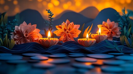Poster - Bright cheerful Diwali scene showcasing intricately designed paper cut lamps with glowing candles set against a vibrant background perfect for adding text