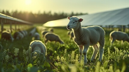 A field of photovoltaic panels, the ground is green, sheep are grazing underneath.