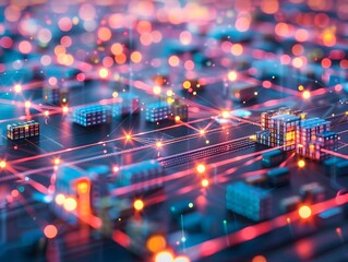 Glowing Logistics Network Interconnected Routes and Warehouses Symbolizing Global Supply Chain Reach