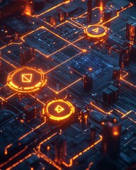 Sticker - Abstract futuristic circuit board with glowing orange symbols and lines.