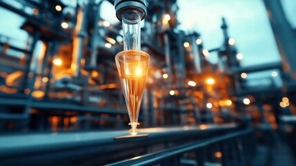 Wall Mural - Close-up of a laboratory pipette dispensing liquid in a high-tech industrial setting with blurred background lights.