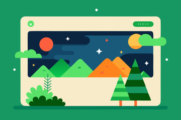 Vibrant website landing page design featuring mountains and trees