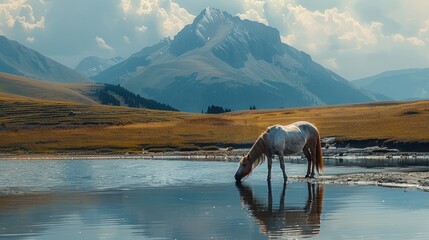 Poster - Horses on a lake with views of the mountains.