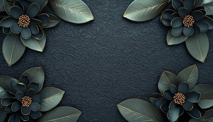 Wall Mural - Dark Green Flowers and Leaves on a Textured Black Background