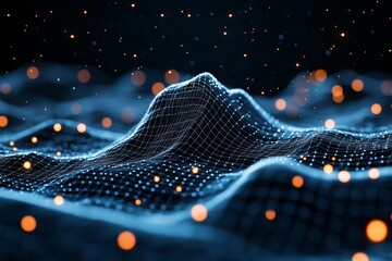Poster - abstract digital landscape with a wireframe surface and glowing orange particles, representing advan