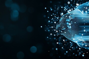 Poster - Dynamic abstract design depicting data flow with blue nodes and lines, symbolizing connectivity, communication, and digital transformation.