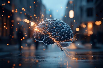 Poster - An artistic representation of a brain with electric sparks, set against a blurred cityscape, illustrating the connection between technology and the mind.